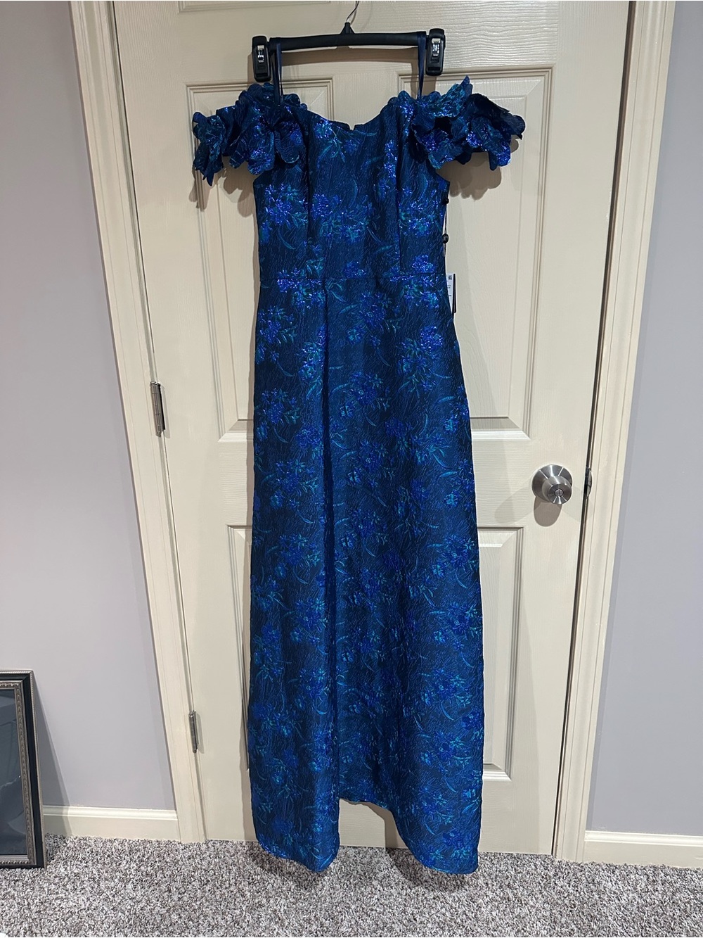 Adrianna Papell Off Shoulder Floral Jacquard A Line Gown In Navy Blue Multi